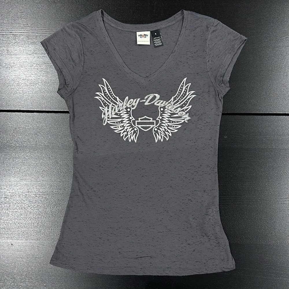 Womens Winged Sheer Burnout Charcoal Short Sleeve V-Neck T-Shirt - S